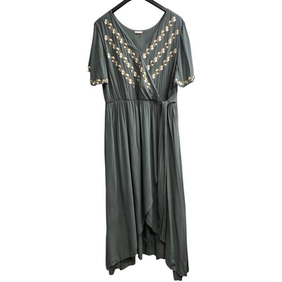 Jodifl Dress Womens 2X Green Faux Wrap Asymmetrical Maxi Embroidered Floral Boho - Picture 1 of 11